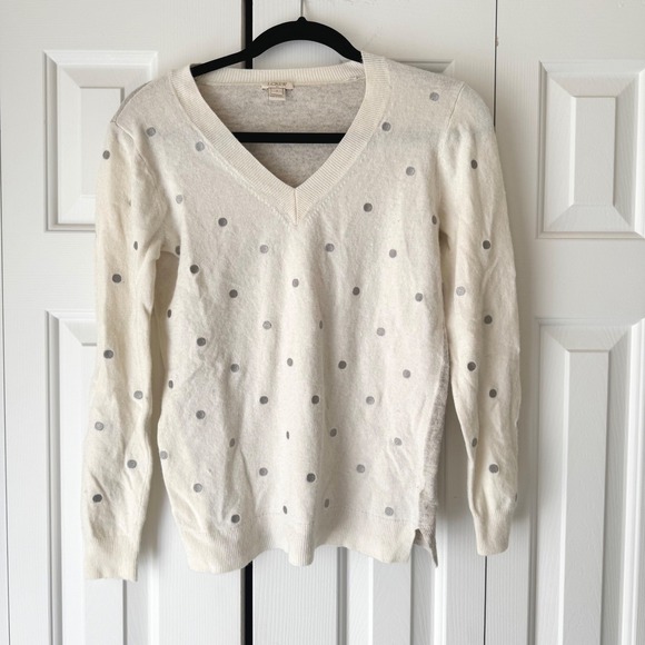 J. Crew Sweaters - J.Crew Womens V-Neck Sweater Small Cream Grey Polka Dot Colorblock Knit Top